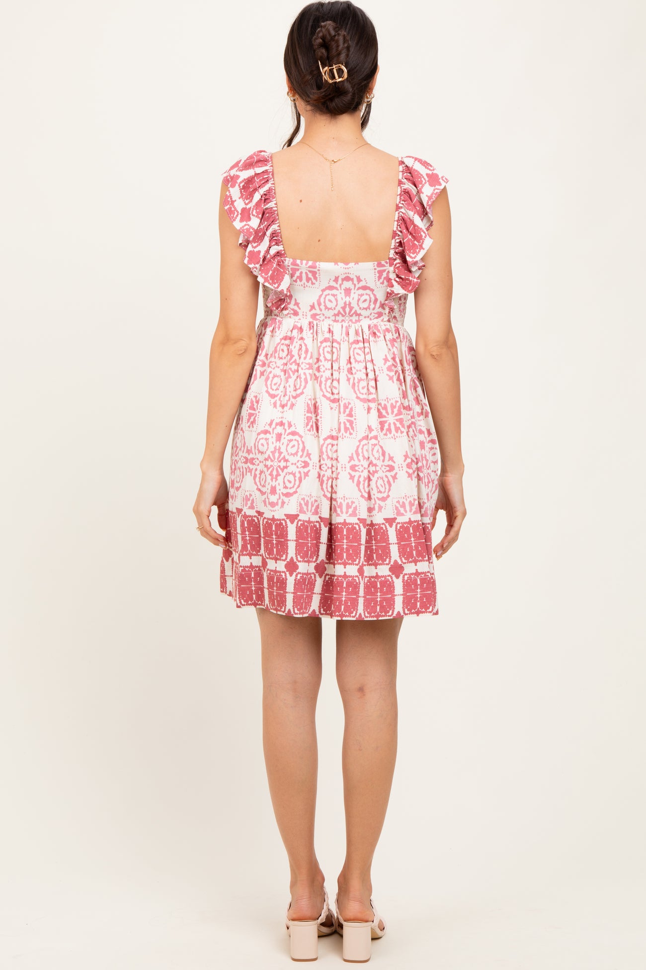 Mauve Damask Ruffle Sleeve Mini Dress