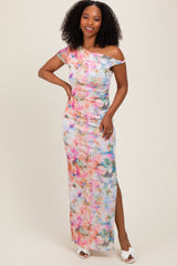 Floral One Shoulder Side Slit Maternity Maxi Dress