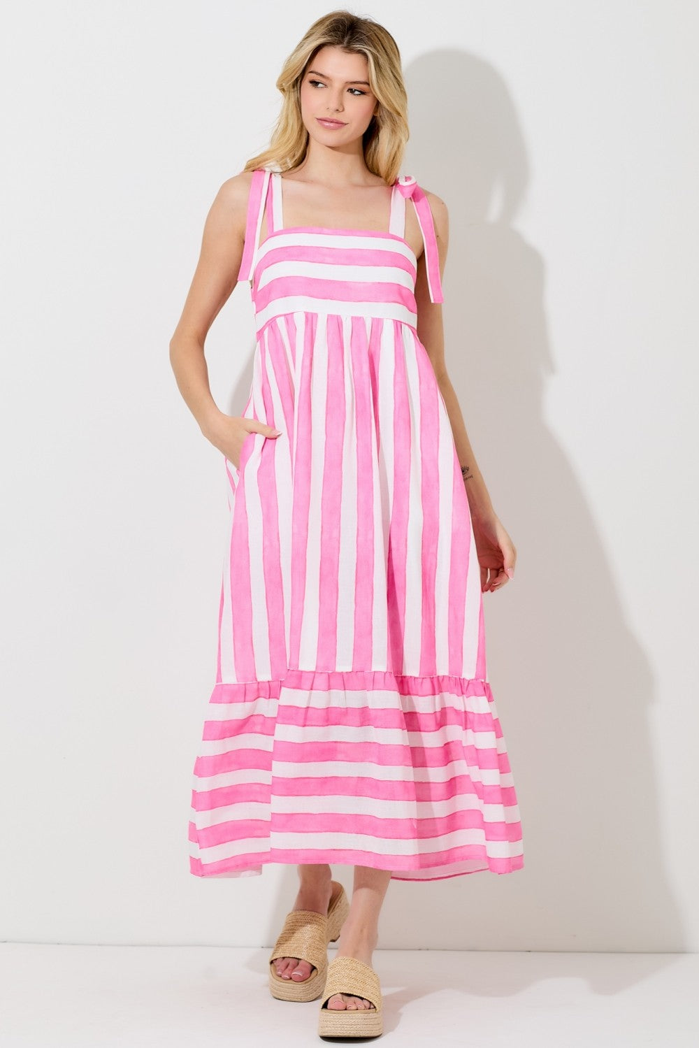 Pink Wide Stripe Shoulder Tie Maternity Midi Dress