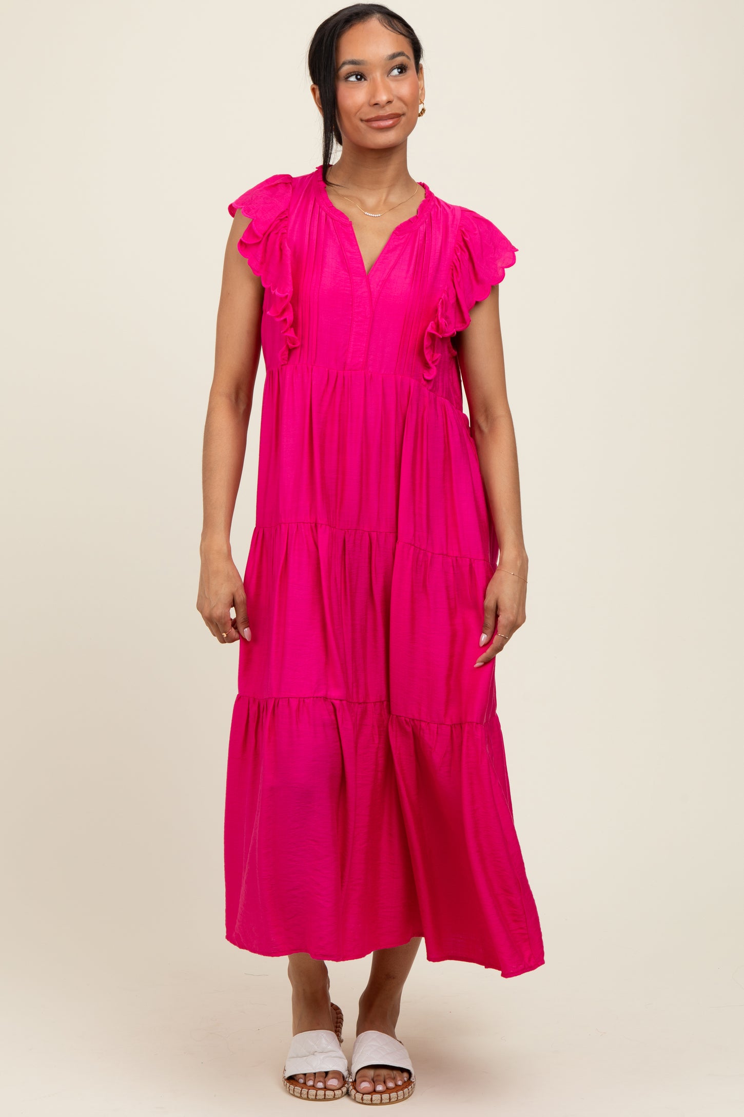 Fuchsia Ruffle Sleeve Tiered Midi Dress