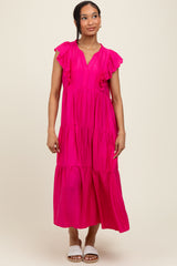 Fuchsia Ruffle Sleeve Tiered Midi Dress