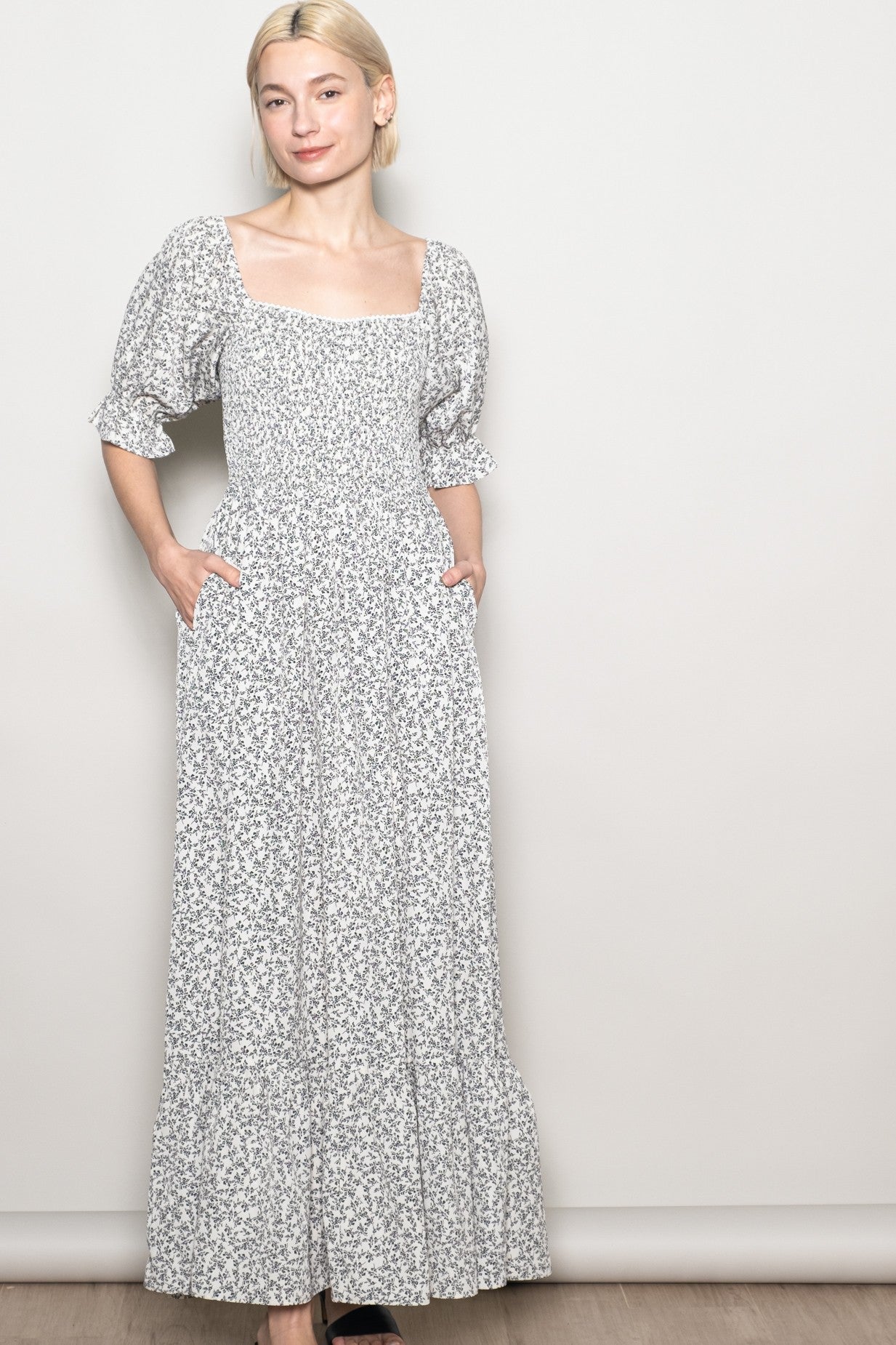 Ivory Floral Lace Trim Smocked Maxi Dress