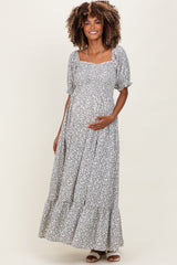 Ivory Floral Lace Trim Smocked Maternity Maxi Dress
