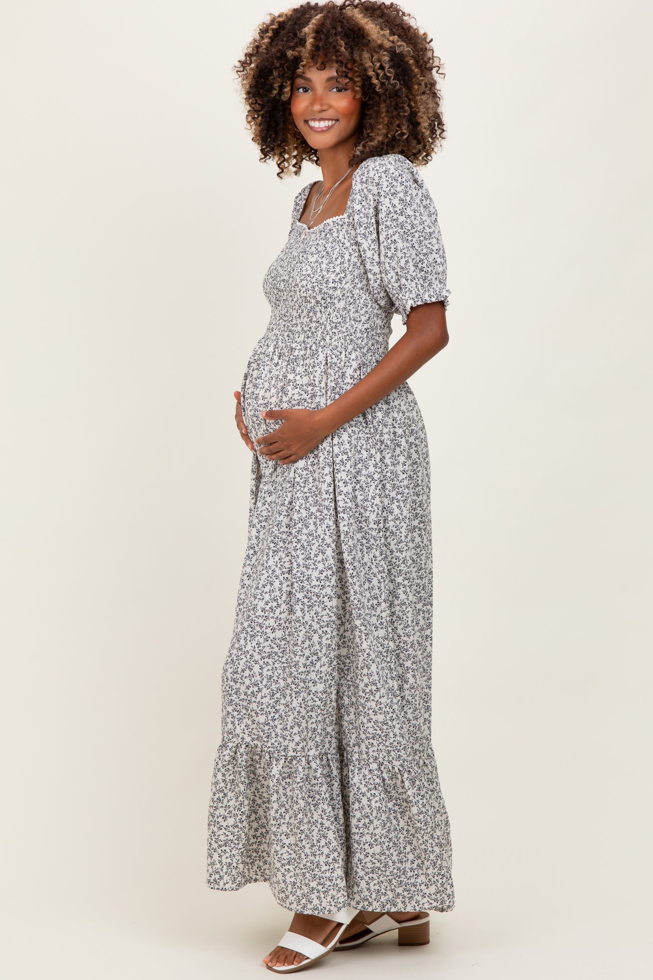 Ivory Floral Lace Trim Smocked Maternity Maxi Dress