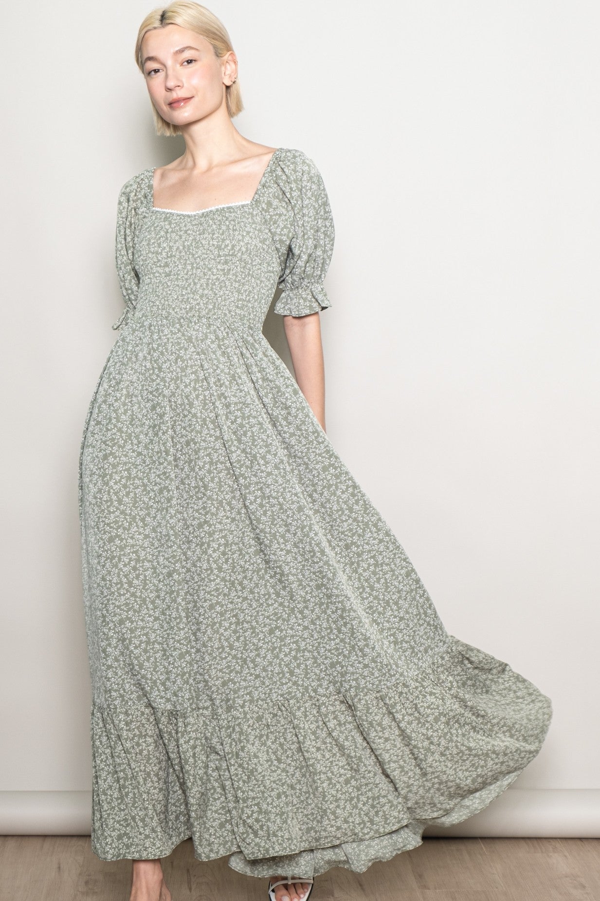 Light Olive Floral Lace Trim Smocked Maternity Maxi Dress