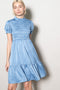 Light Blue Satin Smocked Mock Neck Dress