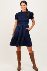 Navy Satin Smocked Mock Neck Maternity Dress
