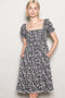 Black Floral Pleated Bodice Puff Sleeve Dress