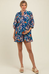 Navy Leaf Print Front Tie 3/4 Sleeve Maternity Dress