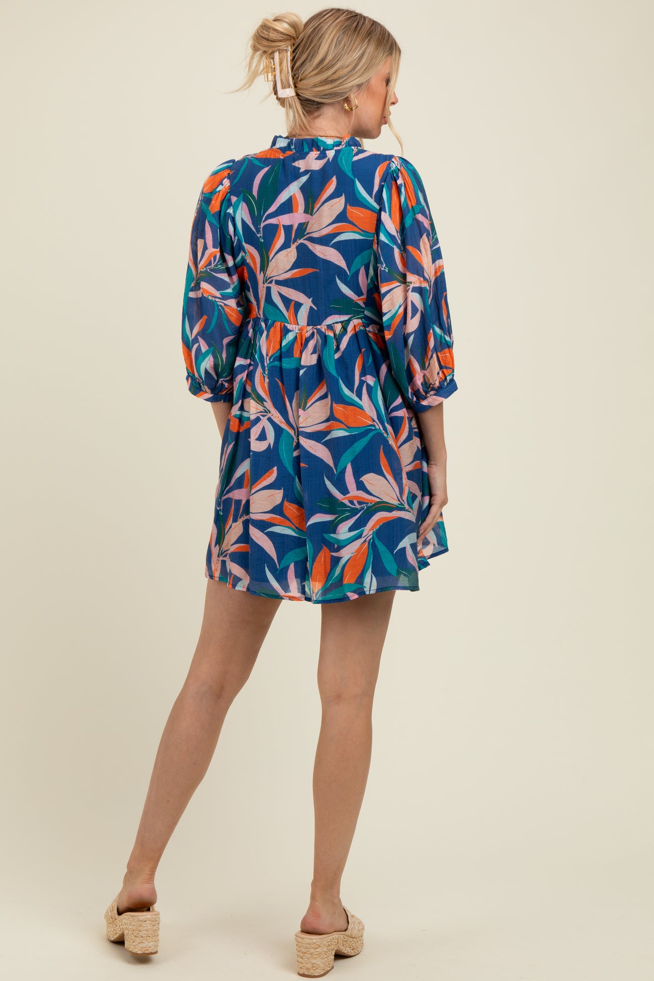 Navy Leaf Print Front Tie 3/4 Sleeve Maternity Dress