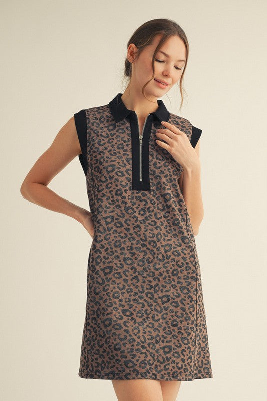 Brown Animal Print Front Zip Sleeveless Dress