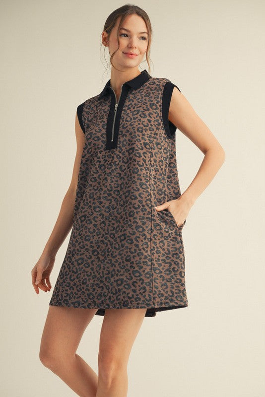 Brown Animal Print Front Zip Sleeveless Dress