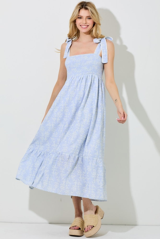 Blue Floral Smocked Shoulder Tie Maternity Midi Dress