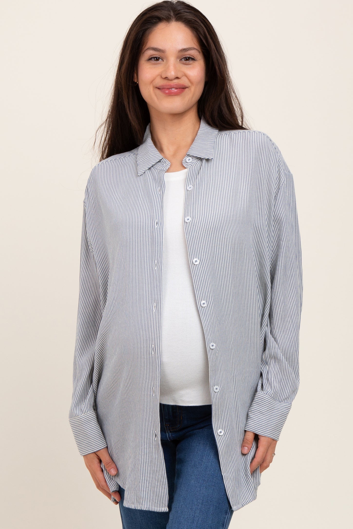 Blue Striped Oversized Maternity Button Down Shirt