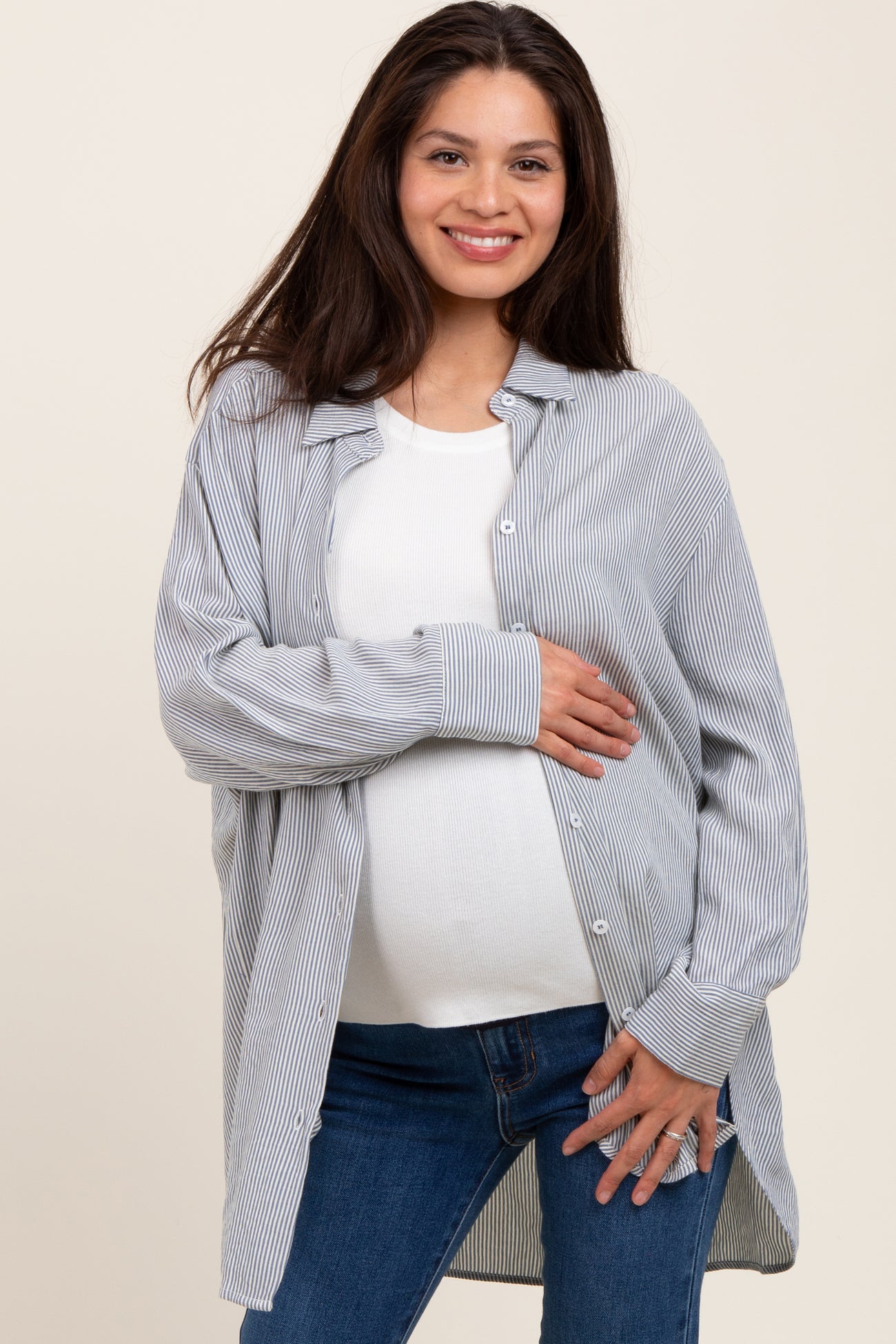 Blue Striped Oversized Maternity Button Down Shirt
