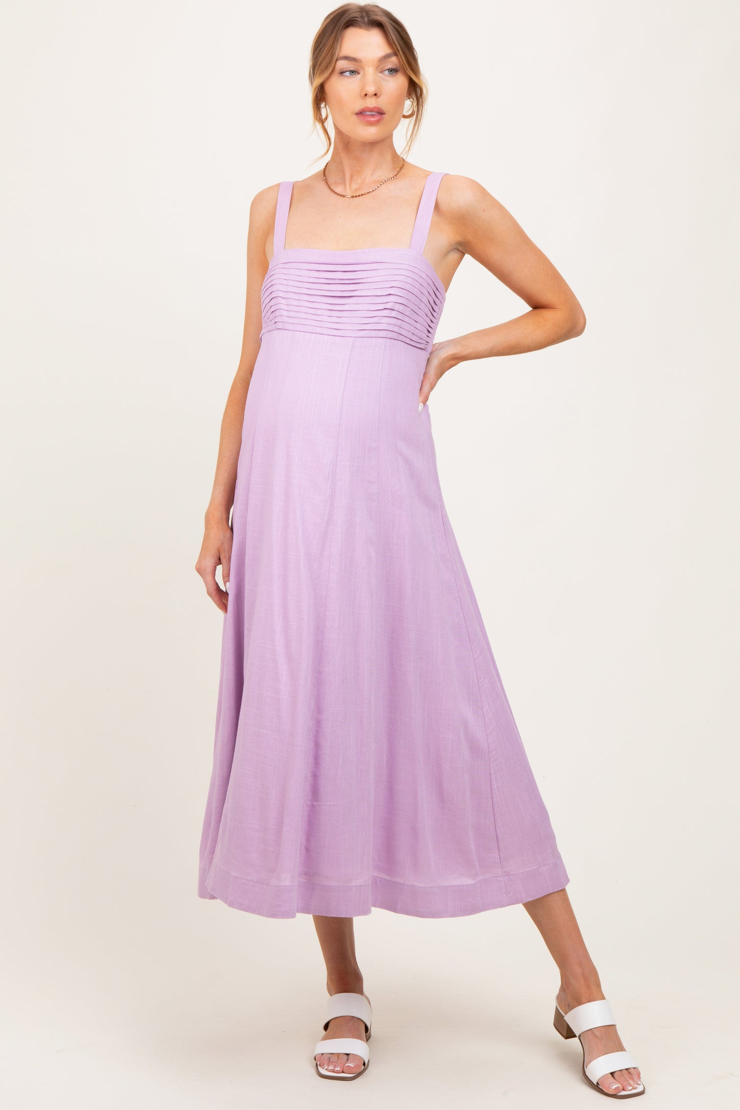 Lavender Pleated Bodice Maternity Midi Dress