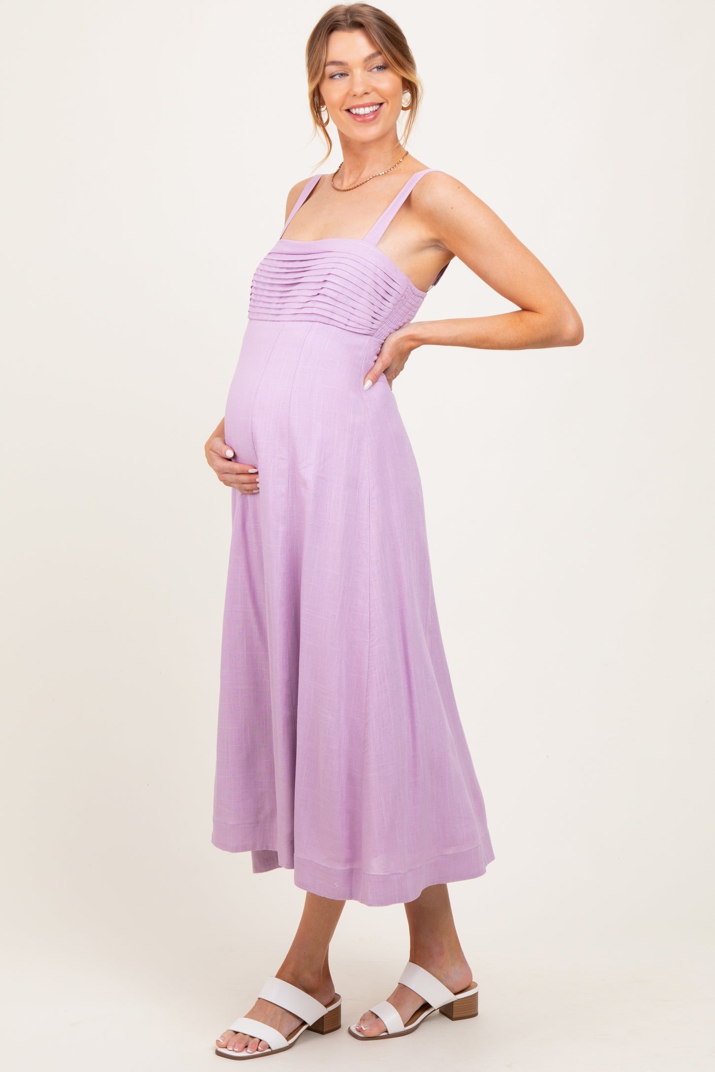 Lavender Pleated Bodice Maternity Midi Dress