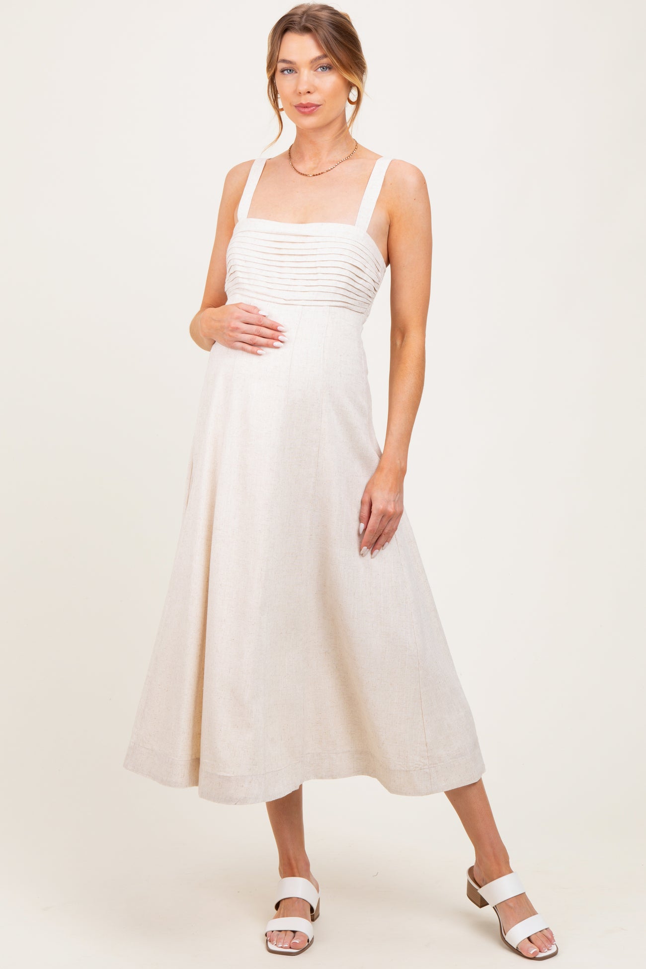 Cream Pleated Bodice Maternity Midi Dress