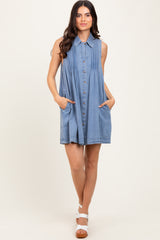 Blue Chambray Pleat Detail Sleeveless Maternity Shirt Dress