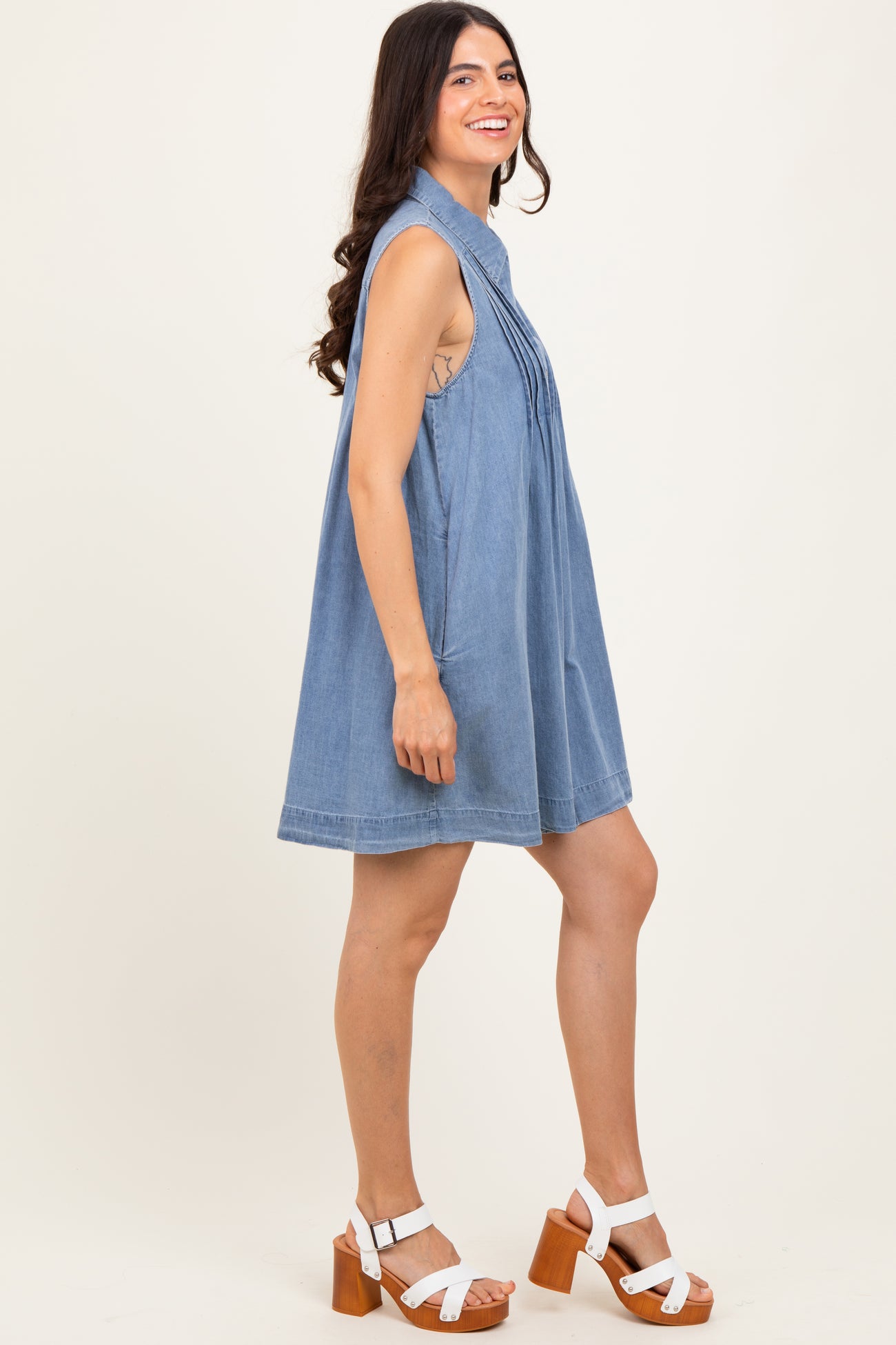 Blue Chambray Pleat Detail Sleeveless Shirt Dress