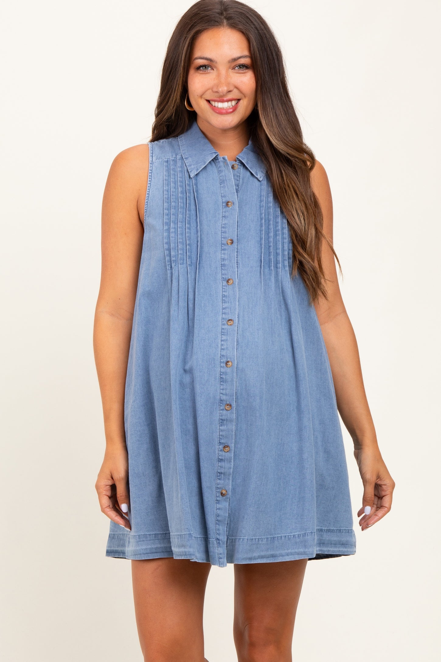 Blue Chambray Pleat Detail Sleeveless Maternity Shirt Dress
