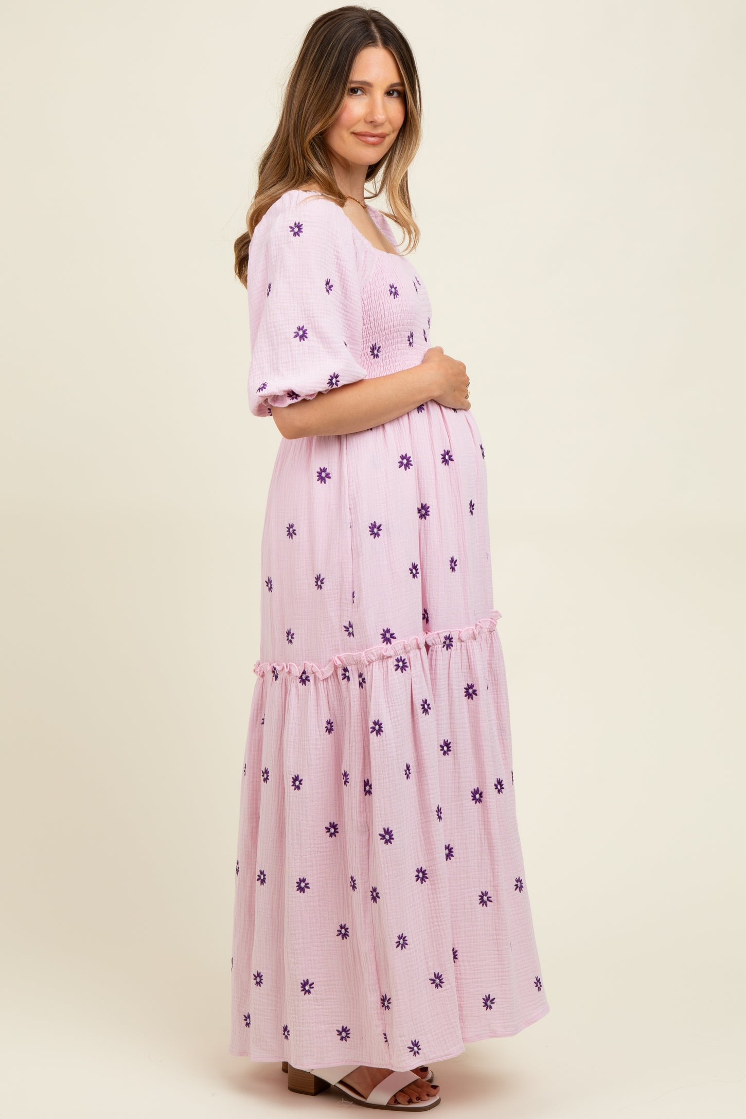 Lavender Floral Smocked Puff Sleeve Maternity Maxi Dress