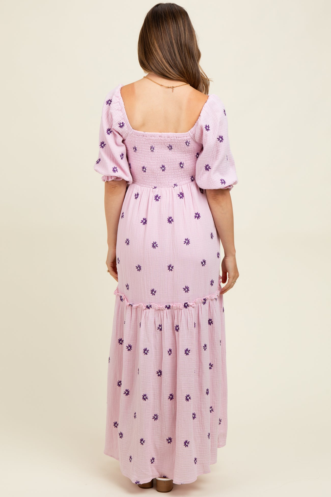 Lavender Floral Smocked Puff Sleeve Maternity Maxi Dress