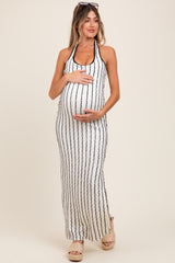 White Textured Stripe Halter Side Slit Maternity Maxi Dress