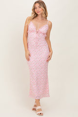 Light Pink Rose Print Jacquard Front Tie Cutout Maternity Maxi Dress
