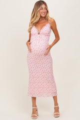 Light Pink Rose Print Jacquard Front Tie Cutout Maternity Maxi Dress