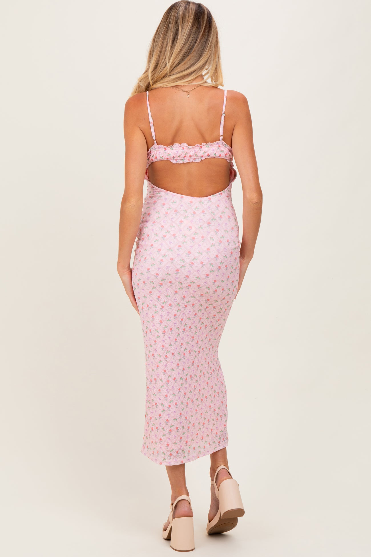 Light Pink Rose Print Jacquard Front Tie Cutout Maternity Maxi Dress