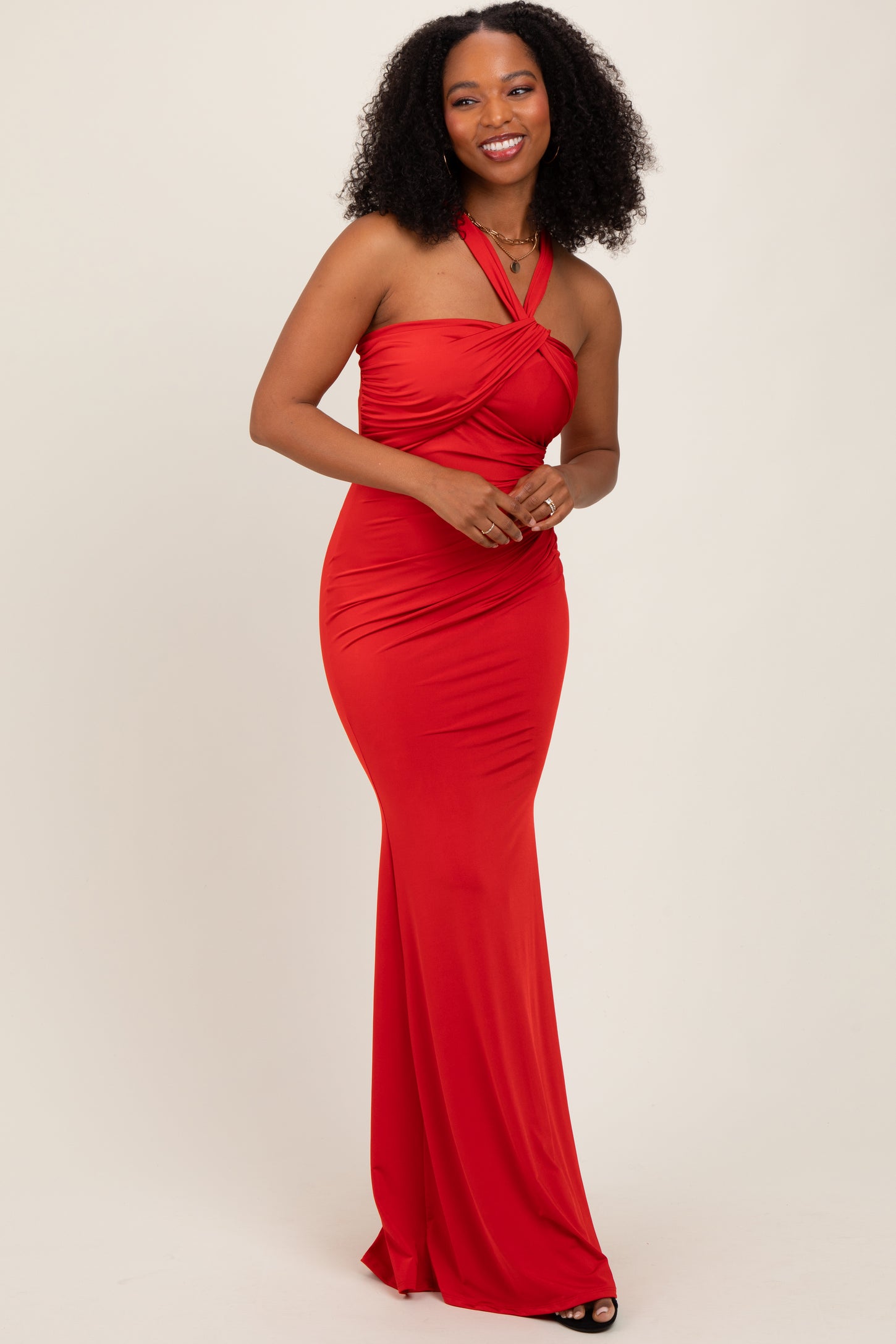 Red Twist Front Ruched Maxi Dress