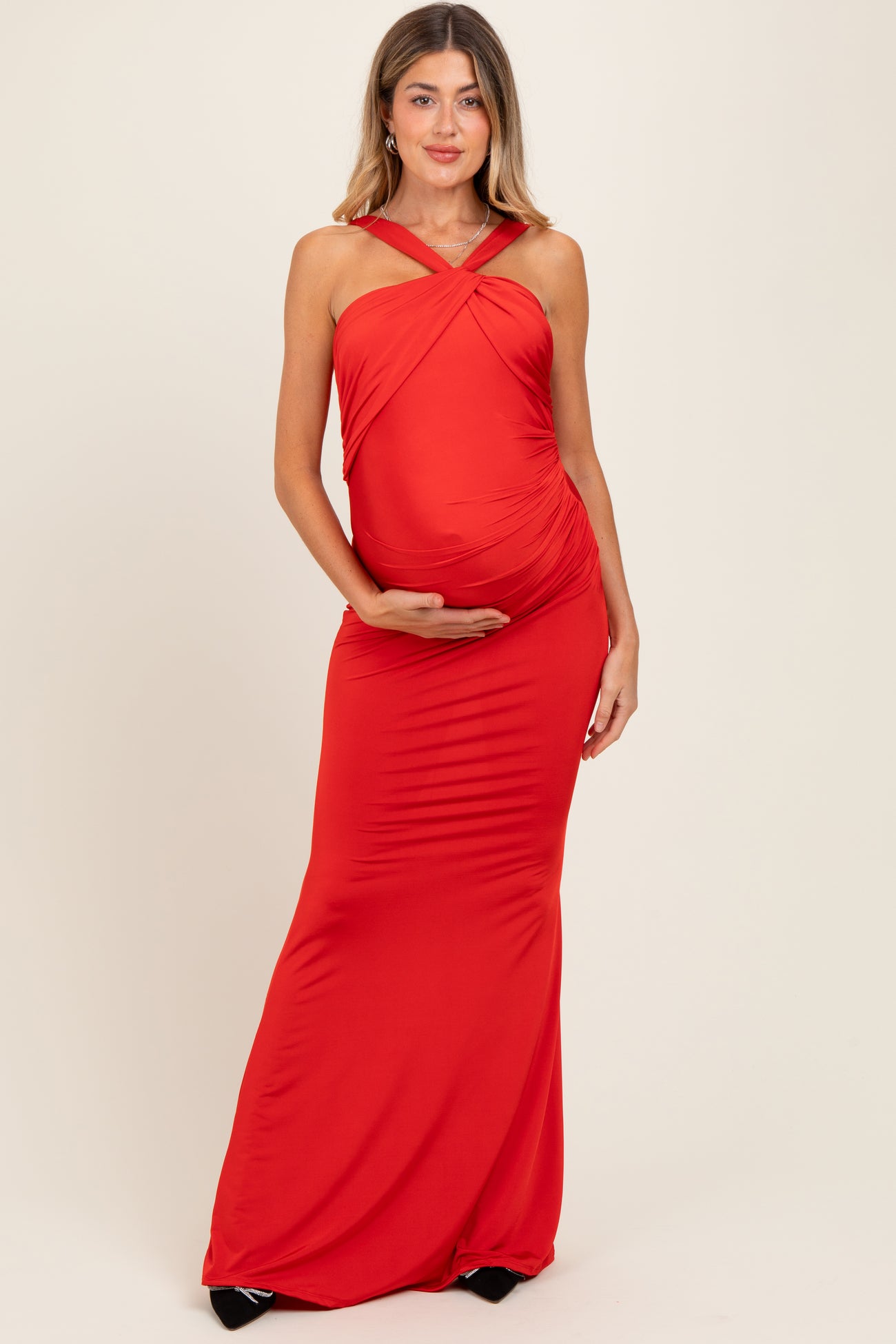 Red Twist Front Ruched Maternity Maxi Dress