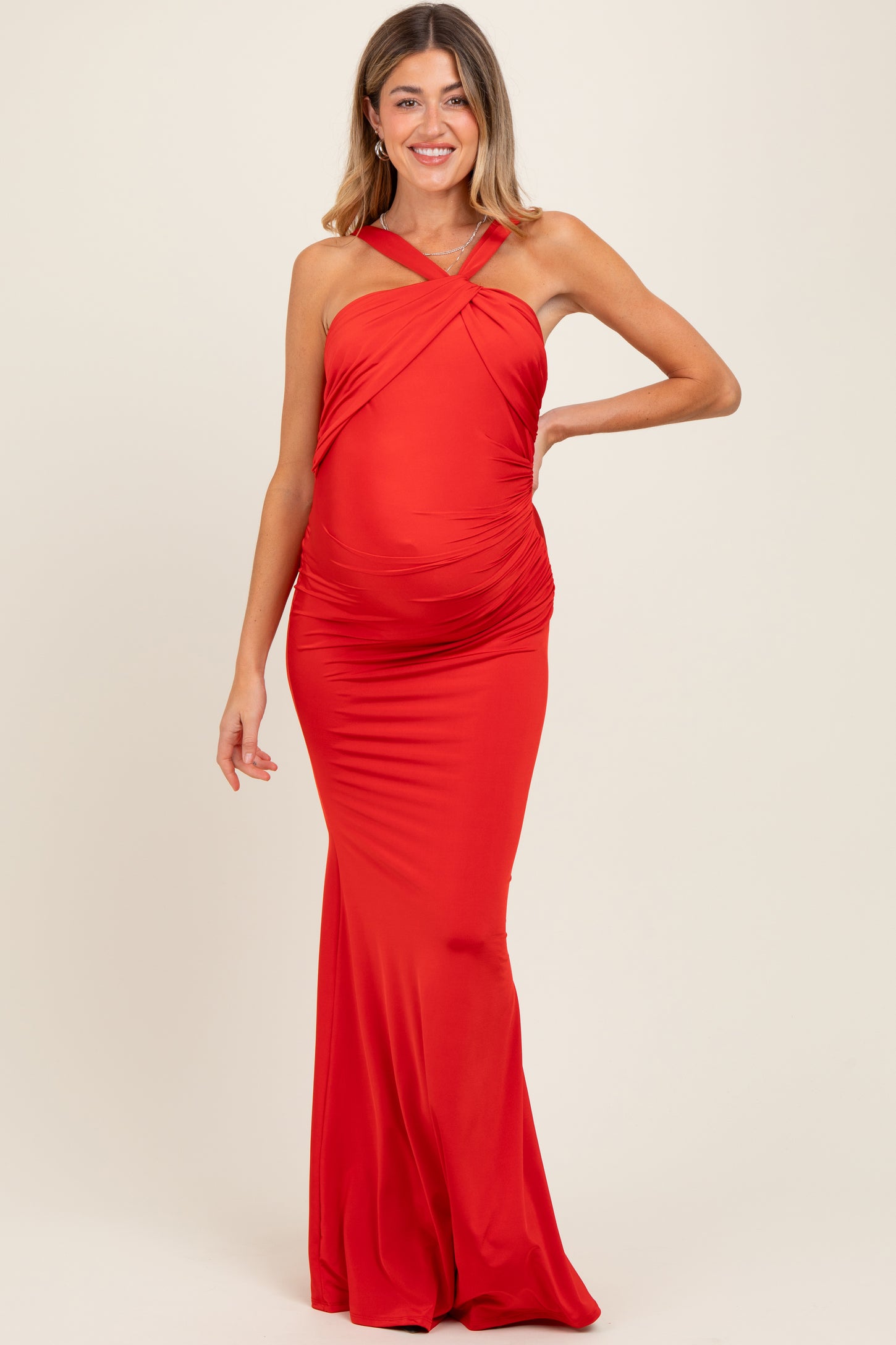 Red Twist Front Ruched Maternity Maxi Dress
