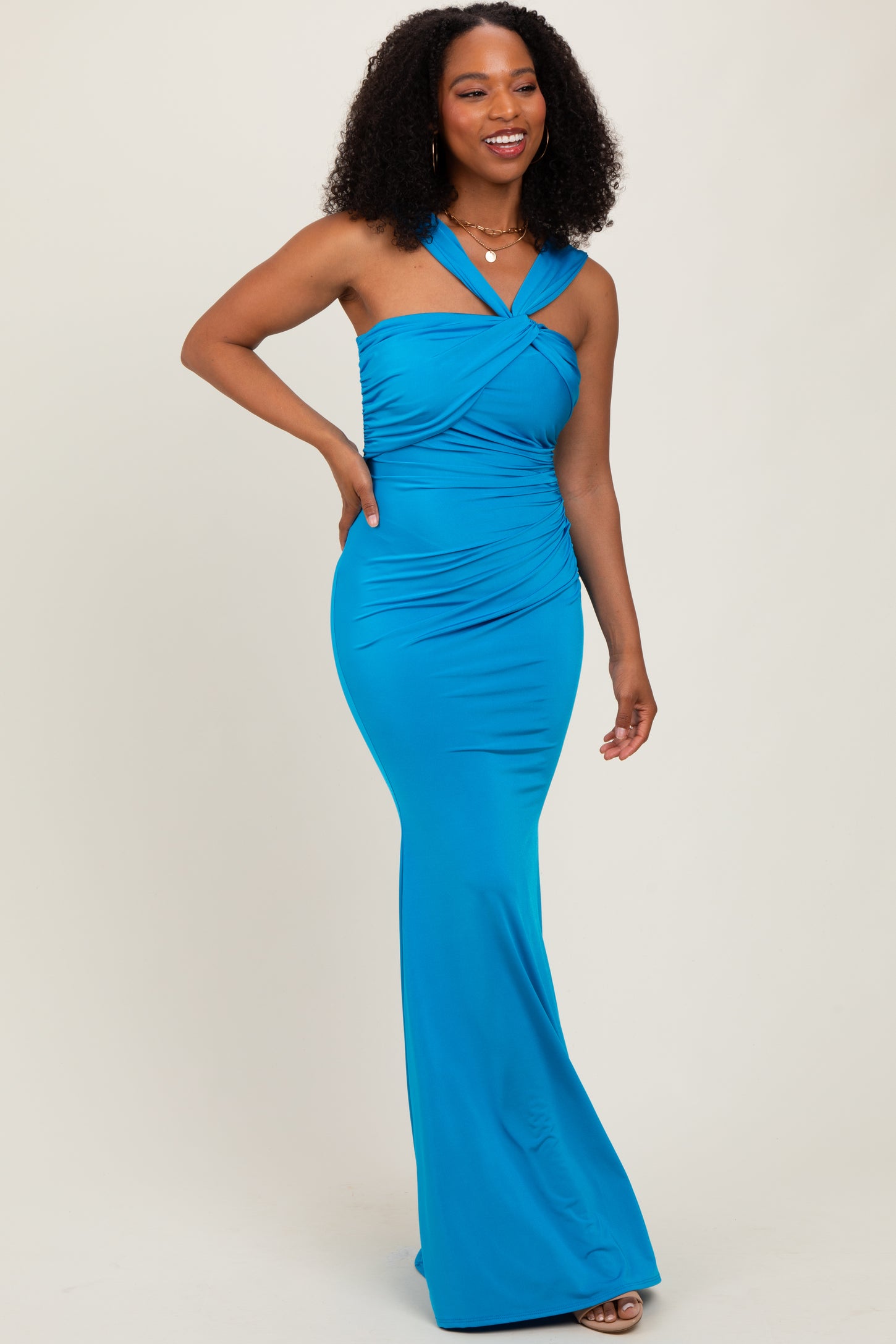 Turquoise Twist Front Ruched Maxi Dress