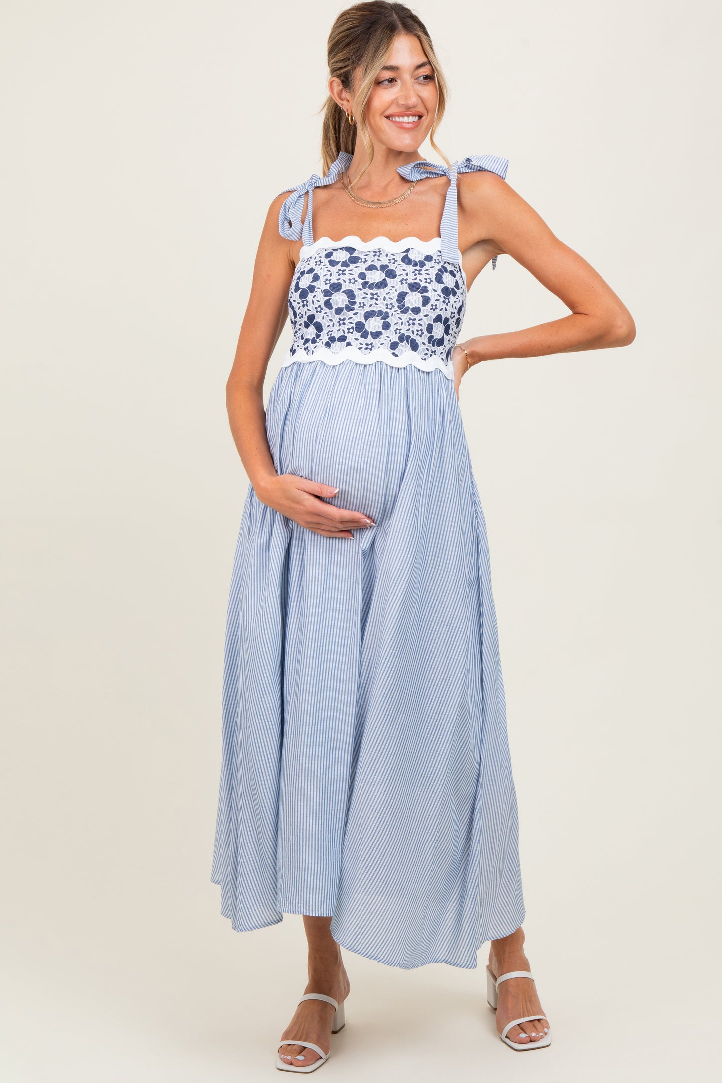 Blue Striped Floral Lace Sleeveless Maternity Midi Dress