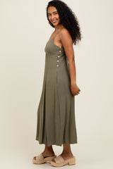 Olive/White Linen Striped Midi Dress
