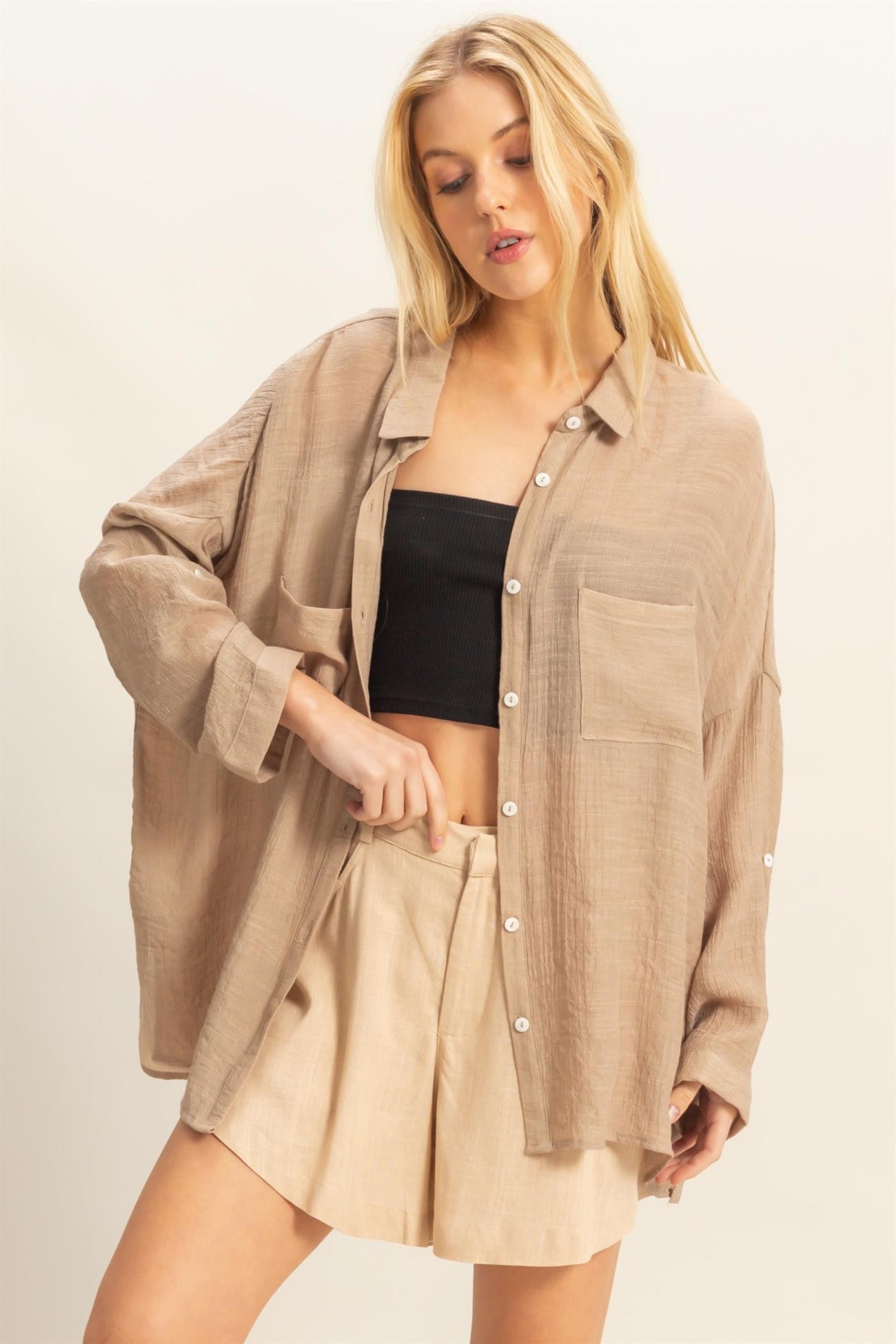 Taupe Roll Up Sleeve Button-Up Oversized Shirt