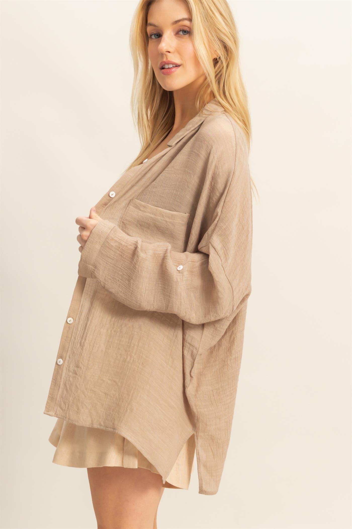 Taupe Roll Up Sleeve Button-Up Oversized Shirt