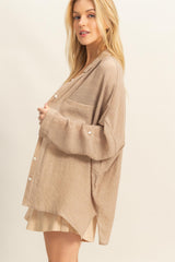 Taupe Roll Up Sleeve Button-Up Oversized Shirt