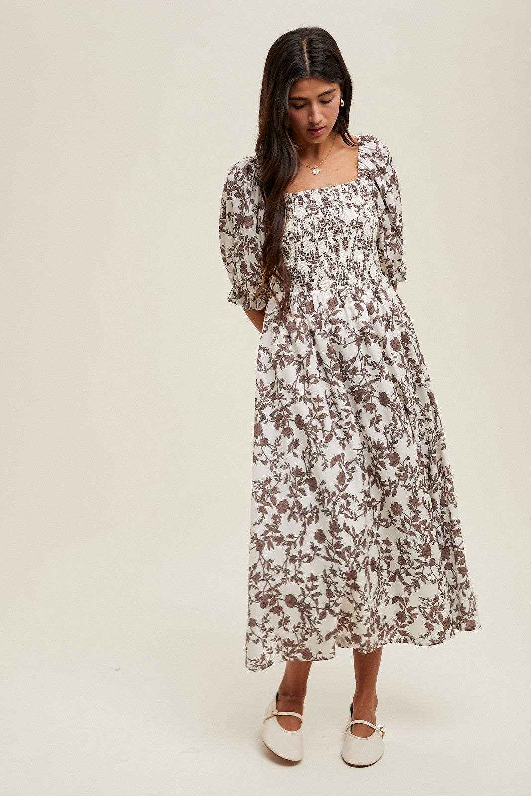 Brown Floral Smocked Puff Sleeve Maternity Midi Dress