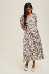 Brown Floral Smocked Puff Sleeve Maternity Midi Dress