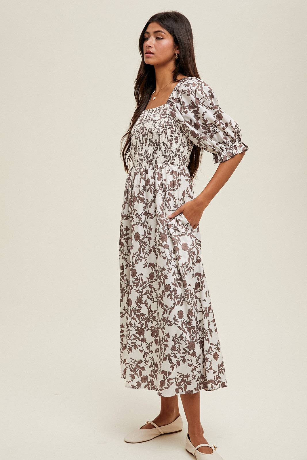 Brown Floral Smocked Puff Sleeve Midi Dress