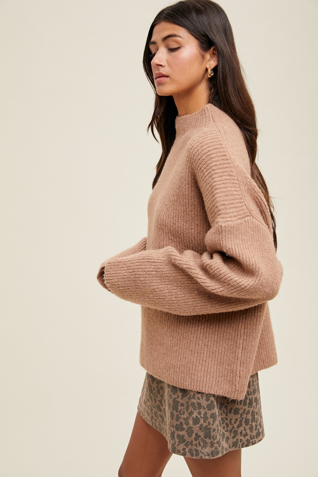 Mocha High Neck Ribbed Knit Sweater