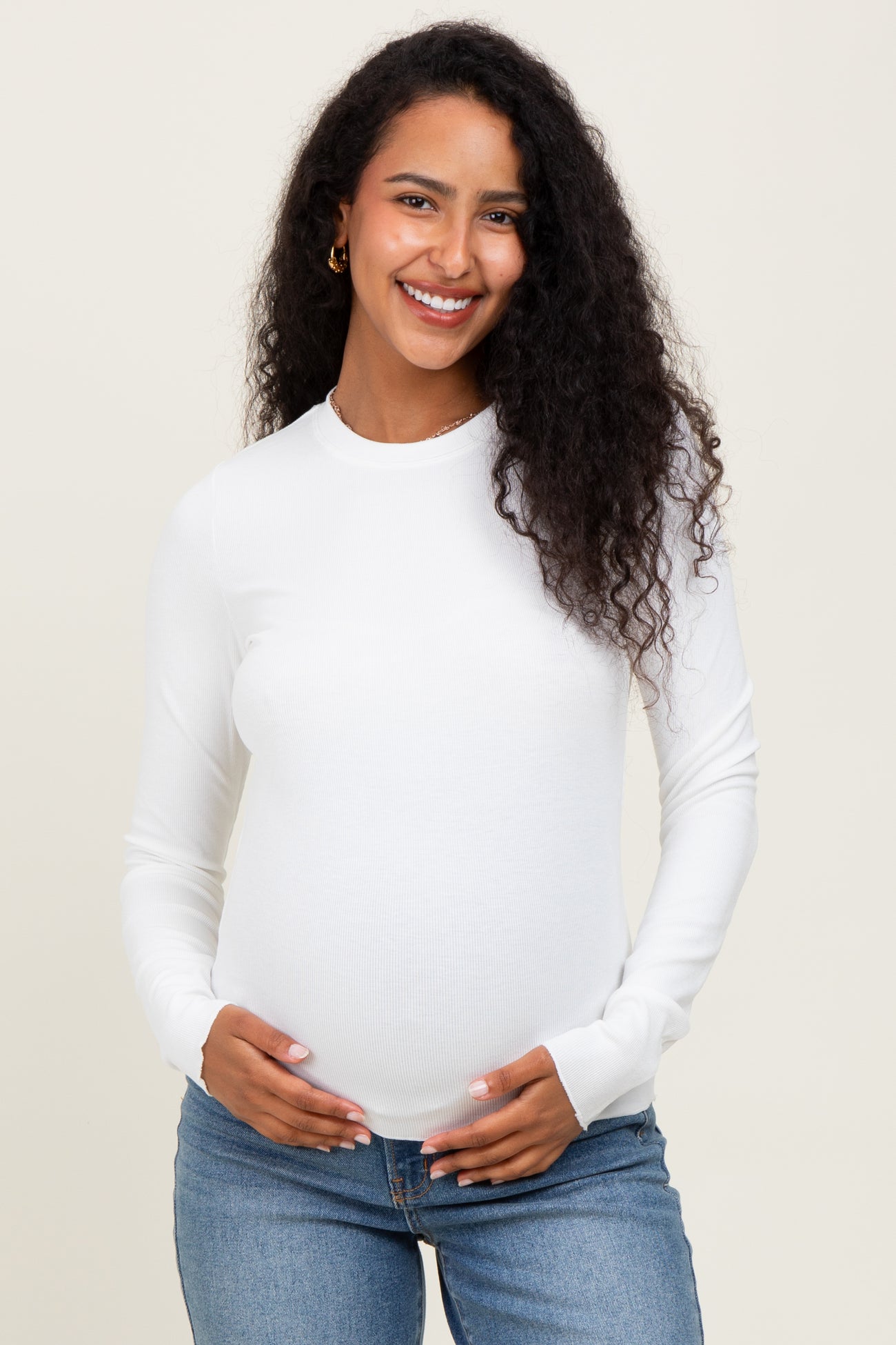 White Basic Ribbed Knit Long Sleeve Maternity Top