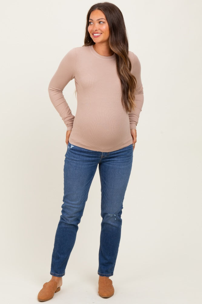 Light Taupe Basic Ribbed Knit Long Sleeve Maternity Top