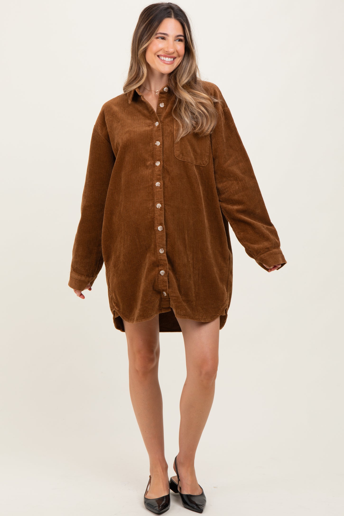 Camel Corduroy Maternity Shirt Mini Dress