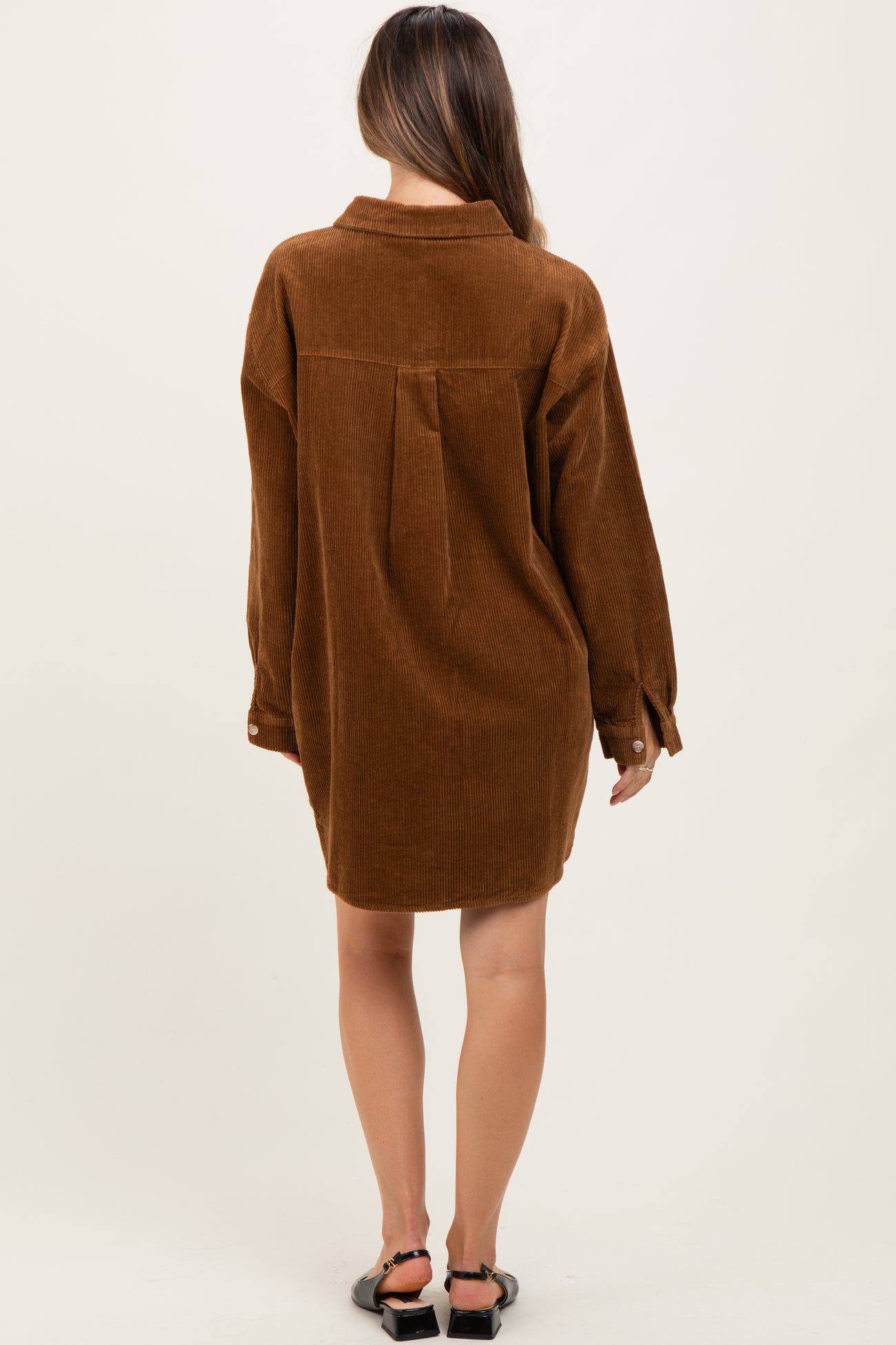 Camel Corduroy Maternity Shirt Mini Dress