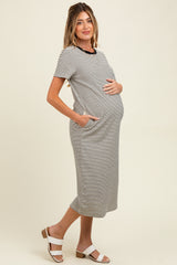 Black Striped Short Sleeve Maternity Midi T-Shirt Dress