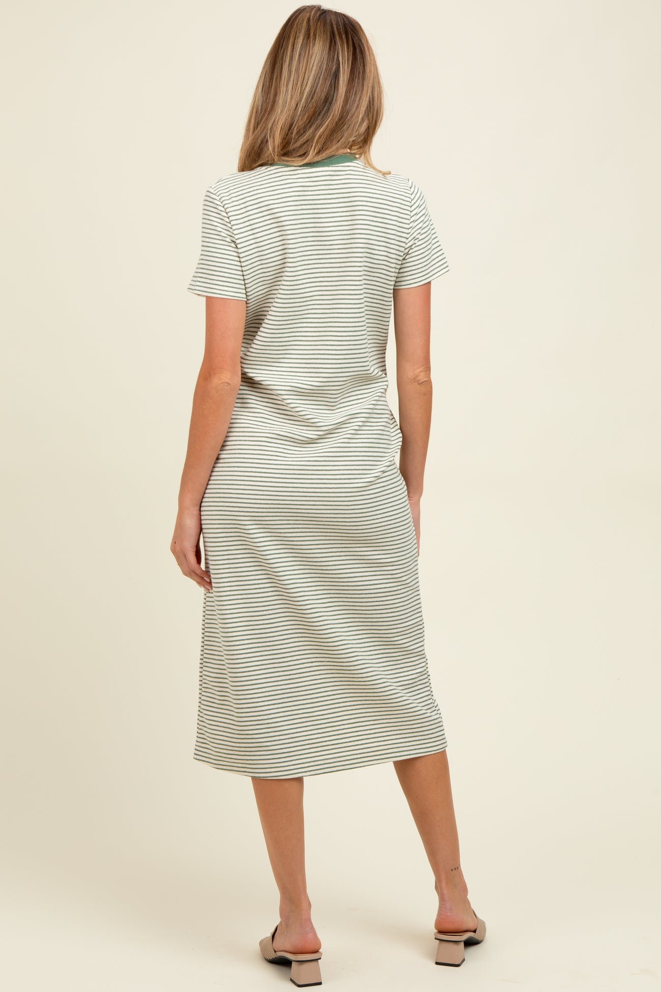 Olive Striped Short Sleeve Maternity Midi T-Shirt Dress